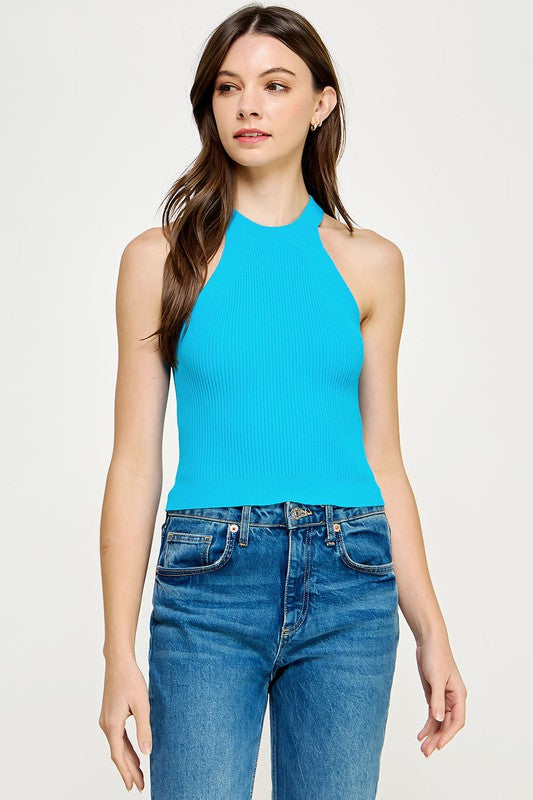 DIAZ RIBBED KNIT HALTER TOP IN HAWAIIAN BLUE