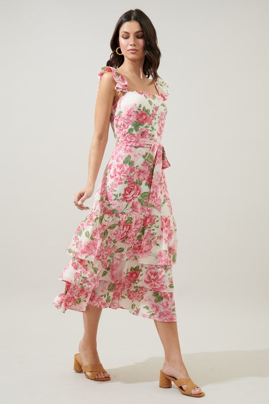 TRUTH BE TOLD RUFFLE MIDI DRESS IN PINK