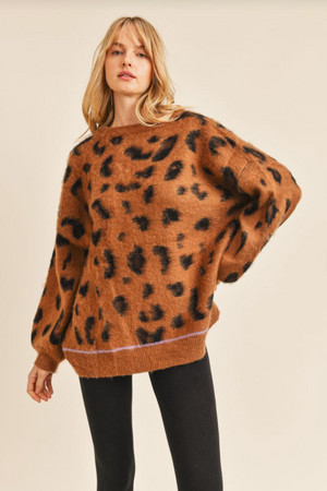 SPOTTIE OTTIE SWEATER IN BROWN - Brown Animal Print Long Sleeve Sweater, Fuzzy Fabric and Drop Shoulder. ShopIDB.com