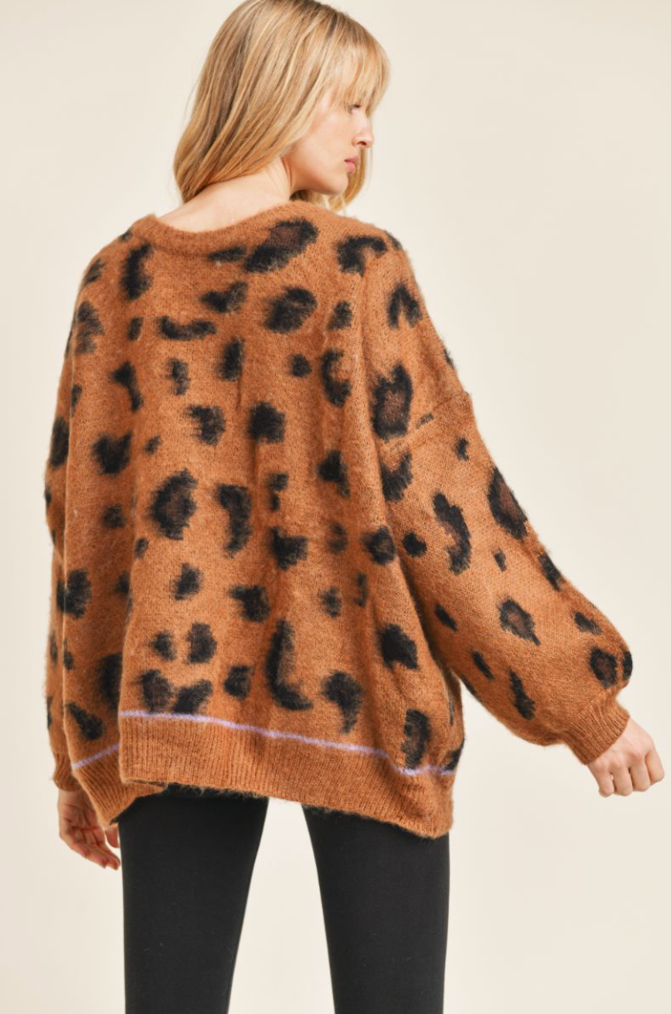 SPOTTIE OTTIE SWEATER IN BROWN - Brown Animal Print Long Sleeve Sweater, Fuzzy Fabric and Drop Shoulder. ShopIDB.com