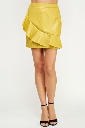 TASHA RUFFLE DETAILS FAUX LEATHER SKIRT IN MUTED LIME