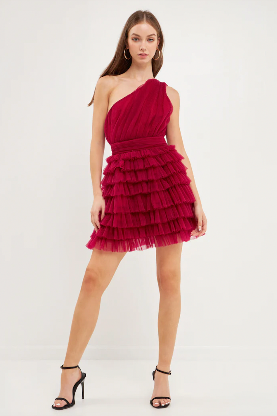 VERONICA ONE SHOULDER TIERED TULLE DRESS IN CHERRY
