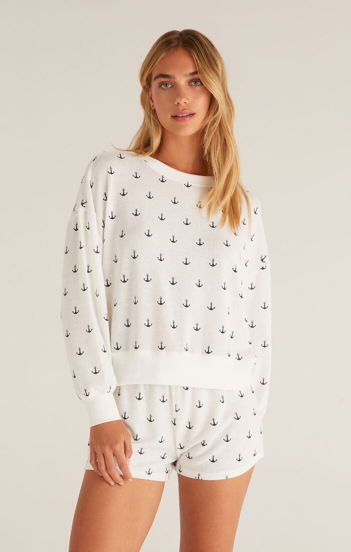 Z SUPPLY ELLE ANCHOR LONG SLEEVE TOP IN CLOUD DANCER