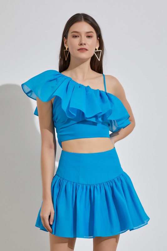 MURIEL RUFFLE BACK TOP IN OCEAN BLUE