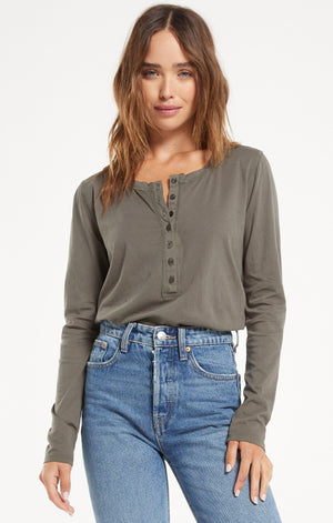 Z SUPPLY ANDREN ORGANIC LONG SLEEVE TOP IN SEAWEED - Seaweed Long Sleeve Henley  with Button-Front and Curved Hem in 100% Organic Cotton. ShopIDB.com
