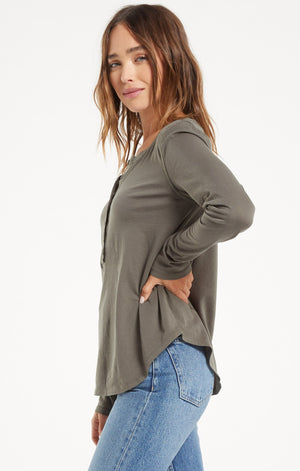 Z SUPPLY ANDREN ORGANIC LONG SLEEVE TOP IN SEAWEED - Seaweed Long Sleeve Henley with Button-Front and Curved Hem in 100% Organic Cotton. ShopIDB.com